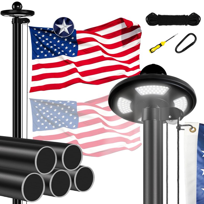 25FT Heavy Duty Flag Pole Kit with Solar Light,14 Gauge Flag Pole for Outside House in Ground Thick 