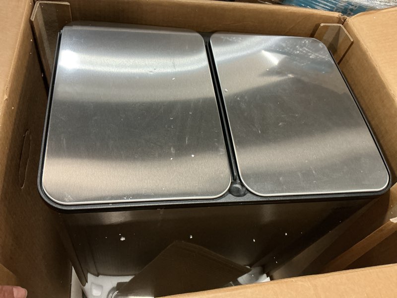 Condition photo showing As Is for garveehome 2 x 8 gal stainless steel double trash can with lid for kitchen, large dual trash and recycle bin combo, step-on kitchen metal garbage cans, pp inner buckets, liner rim, silver silver 2 x 8 gallon