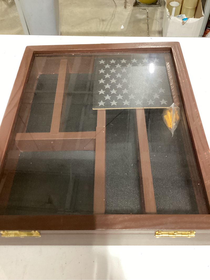 Condition photo showing As Is for challenge coin display case, lockable military coin holder cabinet with removable star board & hd tempered glass door, solid wood wall mount coins collection rack stand, walnut