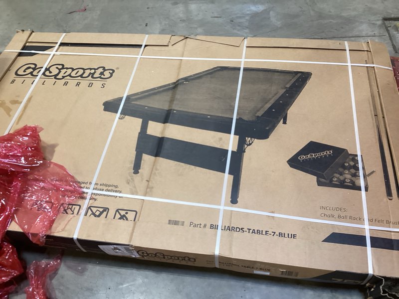 Condition photo showing New/Like New for gosports 6, 7, or 8 ft billiards tables - no assembly, choose your color - portable pool table includes full set of balls, 2 cue sticks, chalk and felt brush 7ft blue