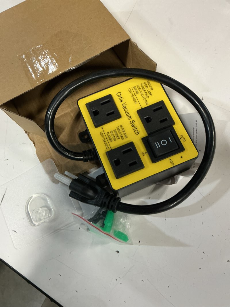 Condition photo showing Good Condition for automatic vacuum switch, ortis vacuum switch for more power tools, delay vacuum on/off to prevent circuit overload and tripping, keep your workplace cleaner, better for your lung yellow