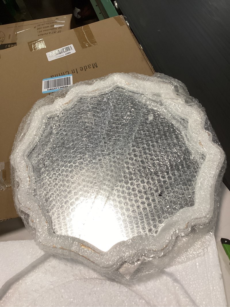 Condition photo showing New/Like New for Rustic Scalloped White Round Mirrors for Wall Decor Living Room 15.7 Inch, Hanging Vintage Wooden Circle Vanity Mirror for Bathroom, Handmade Distressed Farmhouse Wavy Entryway Mirror