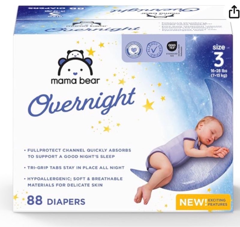 amazon brand - mama bear overnight baby diapers with leak protection, fragrance-free, size 3, 86 count