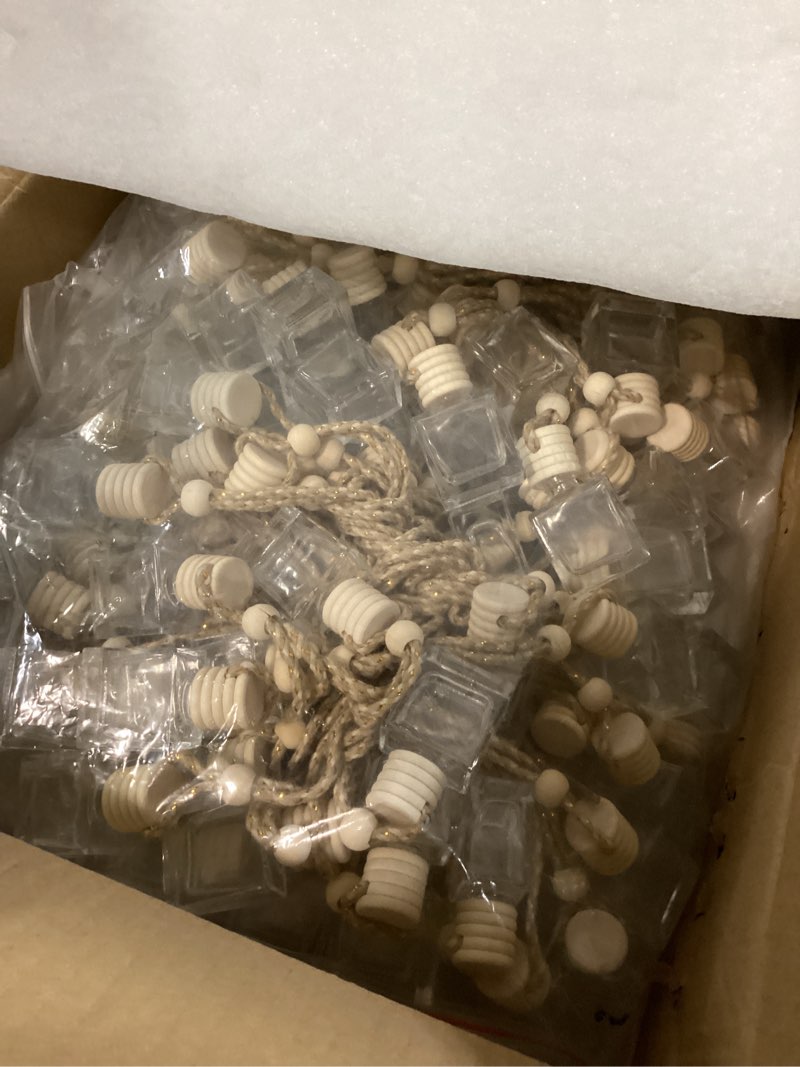 Condition photo showing New/Like New for bbto 200 pcs hanging car diffuser bottles bulk, empty clear glass air freshener bottles with wooden cap for perfume essential oils fragrance aromatherapy ornament(cube) flat cube