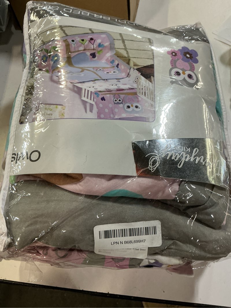 Condition photo showing As Is for everyday kids 4 piece toddler bedding set - owls - soft 100% cotton percale - includes comforter, flat sheet, fitted sheet and reversible pillowcase woodland owls - 100% cotton