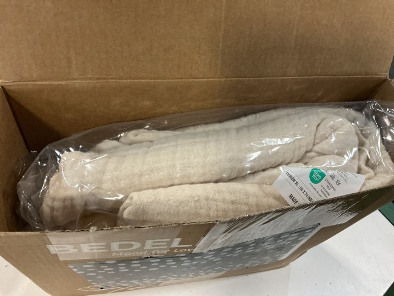 Condition photo showing New/Like New for bedelite 100% cotton muslin blankets for adults - 4-layer large throw breathable and lightweight gauze blanket for couch, bed, travel and summer, soft & cozy gift for women, beige, 50"x70" beige throw xl(50"x70")