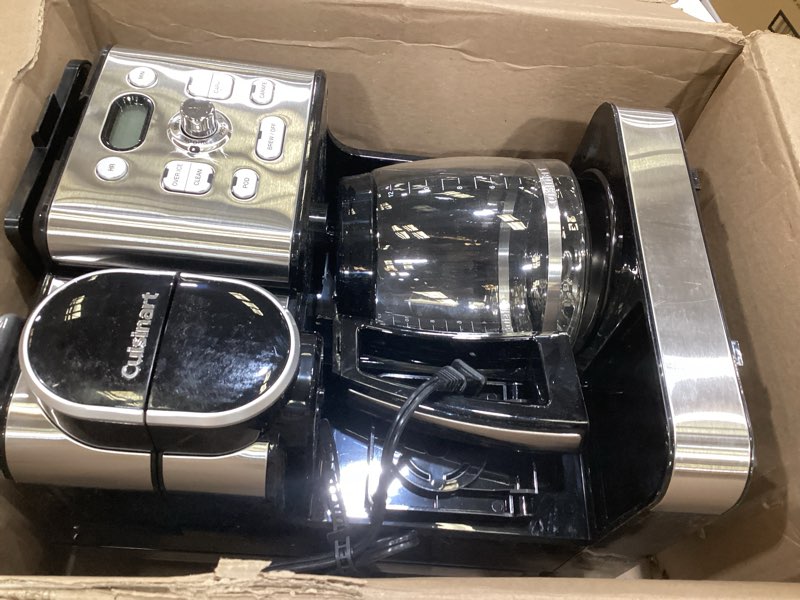 Condition photo showing As Is for cuisinart 12-cup coffee maker, single-serve brewer glass carafe, automatic hot & iced coffee machine, brew strength control and pause, ss-16, stainless steel