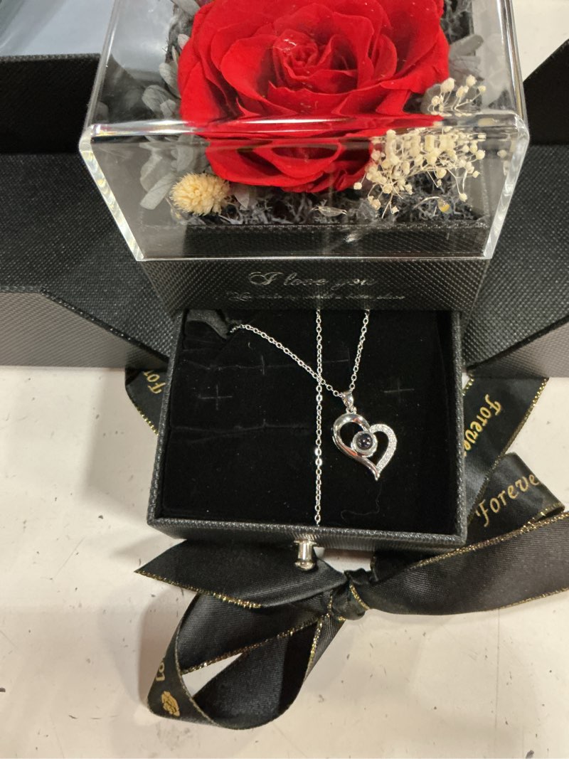 Condition photo showing New/Like New for forever love preserved real rose with heart necklace, mothers day gifts for mom, wife, anniversary birthday gifts for women – projects “i love you” in 100 languages red