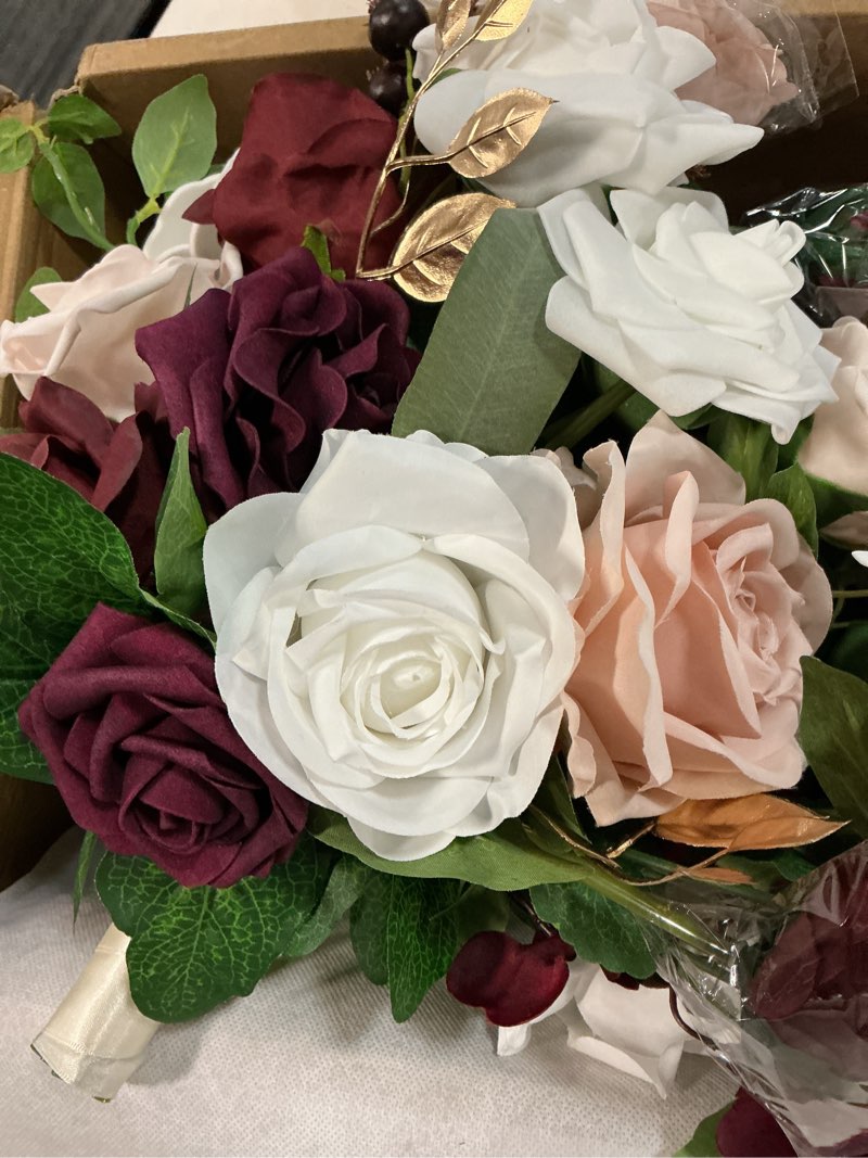 Condition photo showing Good Condition for ling's moment red bridal bouquet cascading, marsala wedding bouquets for bride, 13 inch bride bouquets for wedding artificial flowers bouquets red-marsala & blush small 13 inch