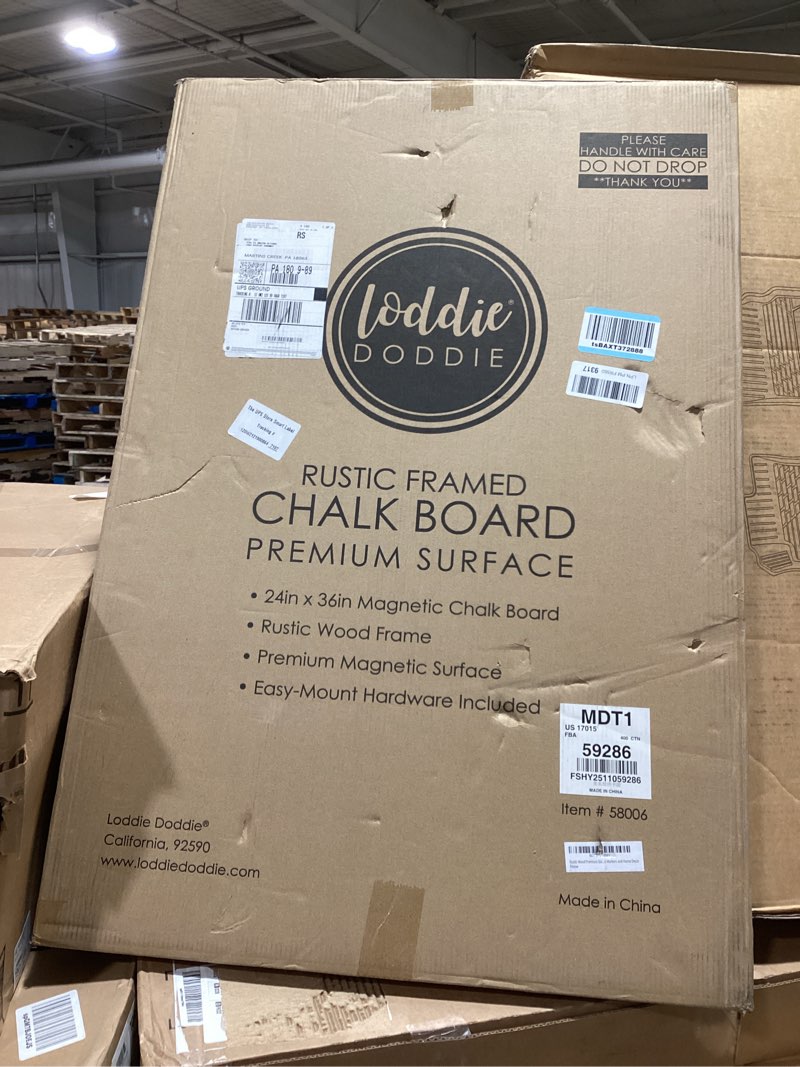 Condition photo showing Good Condition for loddie doddie magnetic chalkboard & magnet board - 24 x 36in rustic wood frame - stain-resistant chalkboard signs - magnetic photo & note display board - easy-hang wall decor & chalk calendar rustic frame 36"w x 24"h