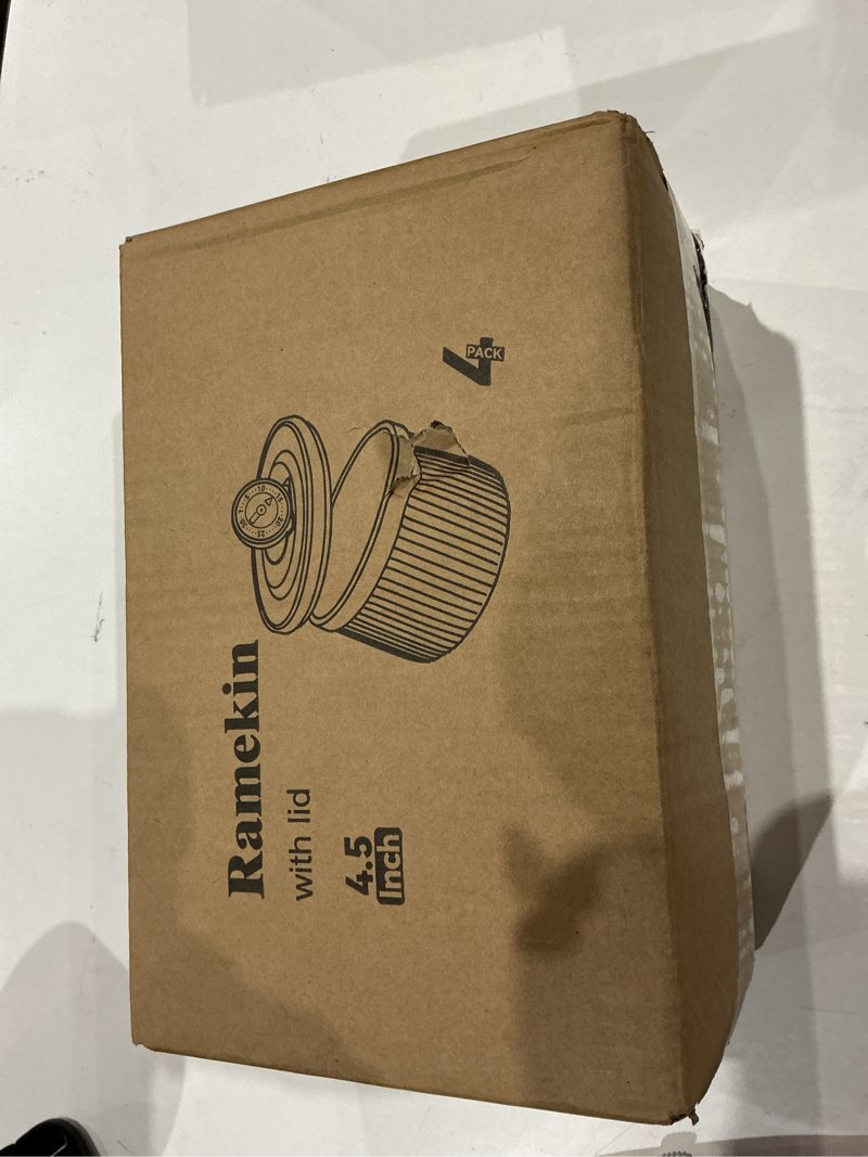Condition photo showing New/Like New for 14 oz Ceramic Ramekins with Lids, Creme Brulee Ramekin Oven Safe with Covers, Small Baking Dishes Porcelain Ramekins Set for Souffle,Sauce Dessert, Set of 4 Multi-color