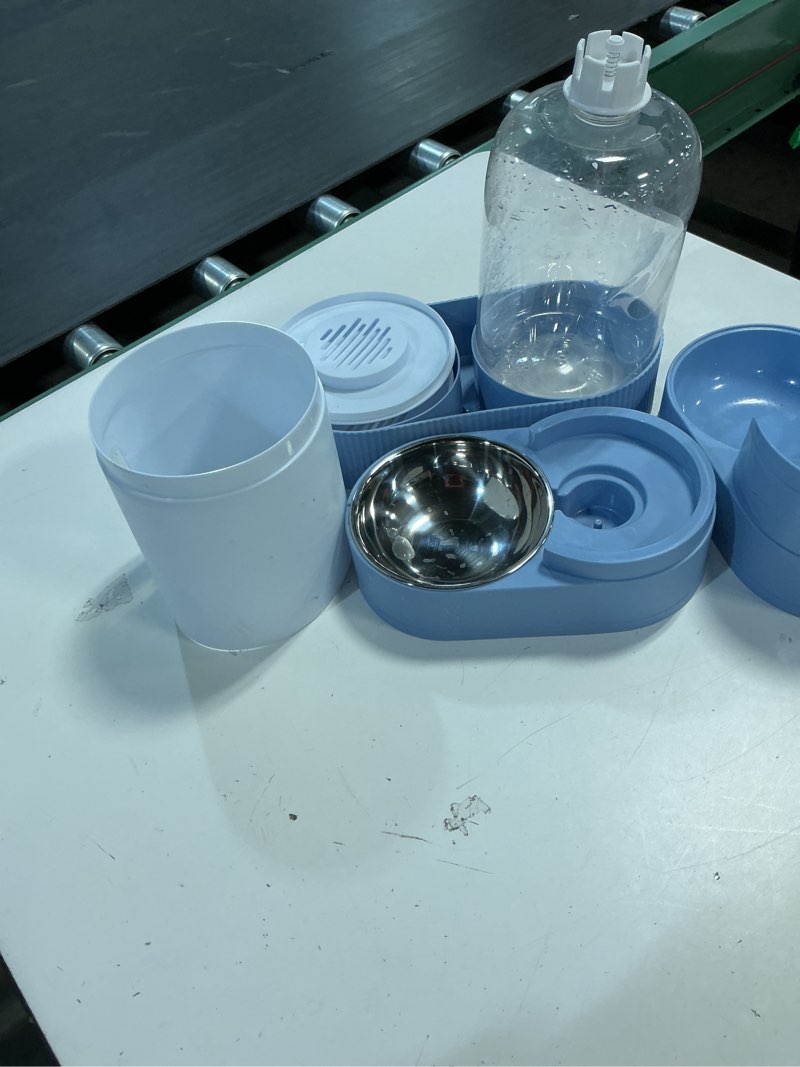 Condition photo showing As Is for automatic gravity cat dog feeder and water dispenser with 304 stainless steel bowls 2 in 1 360 degree rotatable auto 2.4l dry food and 2.6l water bowl for small medium pet dog puppy kitten (blue)