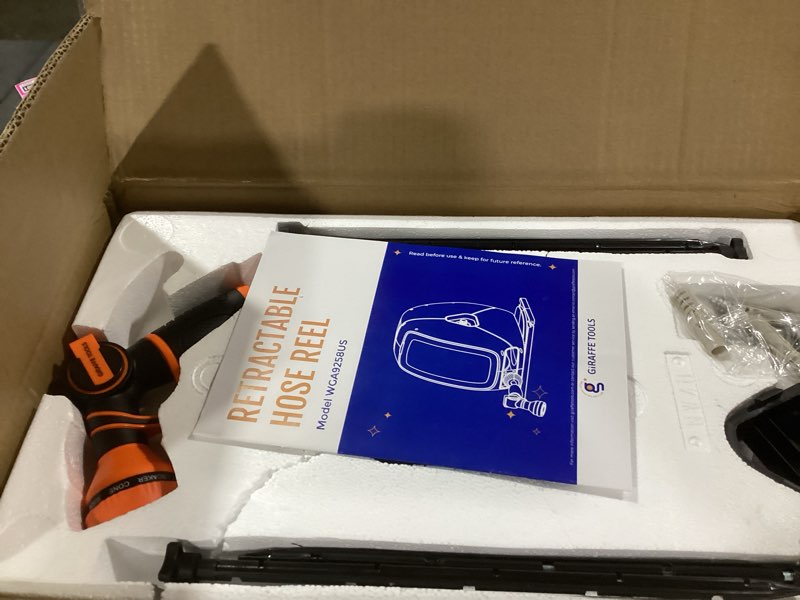 Condition photo showing Good Condition for giraffe tools heavy duty retractable hose reel, 5/8" x 92ft automatic rewind garden hose reel with 360° swivel base, ground mounted for lawn, patio, concrete floor & yard watering 92 ft 5/8 inch