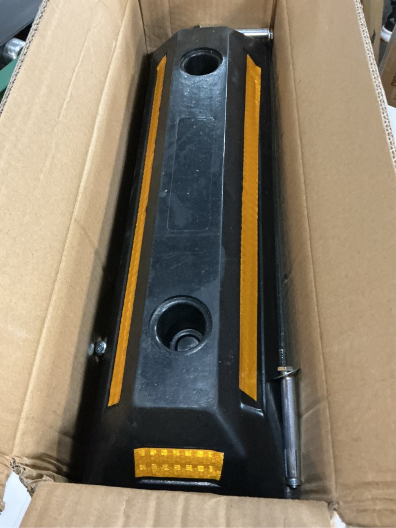 Condition photo showing Good Condition for 2 pack rubber parking guide blocks heavy duty wheel stop stoppers for car garage parks professional grade parking rubber curb w/yellow refective stripes for truck rv trailer 21.25"(l)x5.7"(w)x3.54"(h)