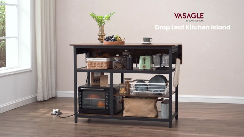 vasagle kitchen island with drop leaf, 47.2\" width rolling kitchen cart with power strip, extendable worktop, workbench,pegboard, adjustable shelf, rustic brown and ink black ukki013k01 rustic brown + ink black 28.7\"d x 47.2\"w x 38\"h