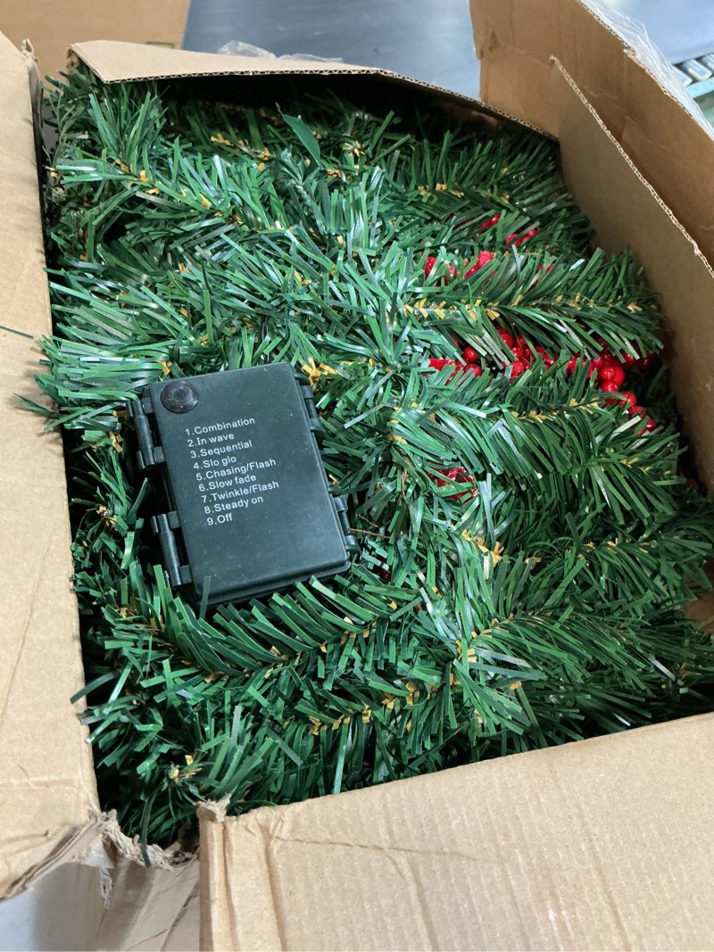 Condition photo showing As Is for MorTime 4 Pack 9 FT LED Christmas Garland with Pinecones Red Berries Bows Christmas Balls Candies, Multi-Function Christmas Garland with 50 Warm White LED Lights, 180 Branch Tips 4PACK 9 FT LED Christmas Garland
