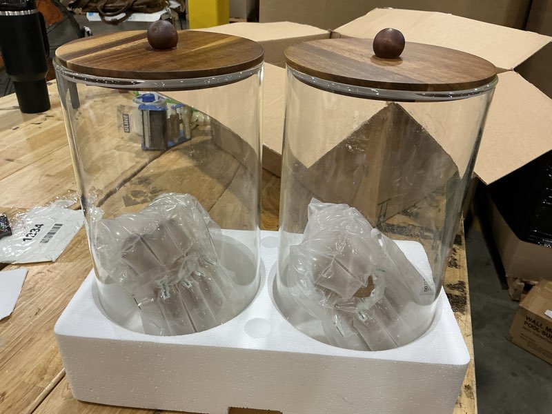 Condition photo showing Good Condition for 2 pcs 1.5 gallon drink dispenser, glass beverage dispenser with wood stand, large water drink dispensers for parties with stainless steel spigot, ideal for lemonade,juice, tea, and party drinks