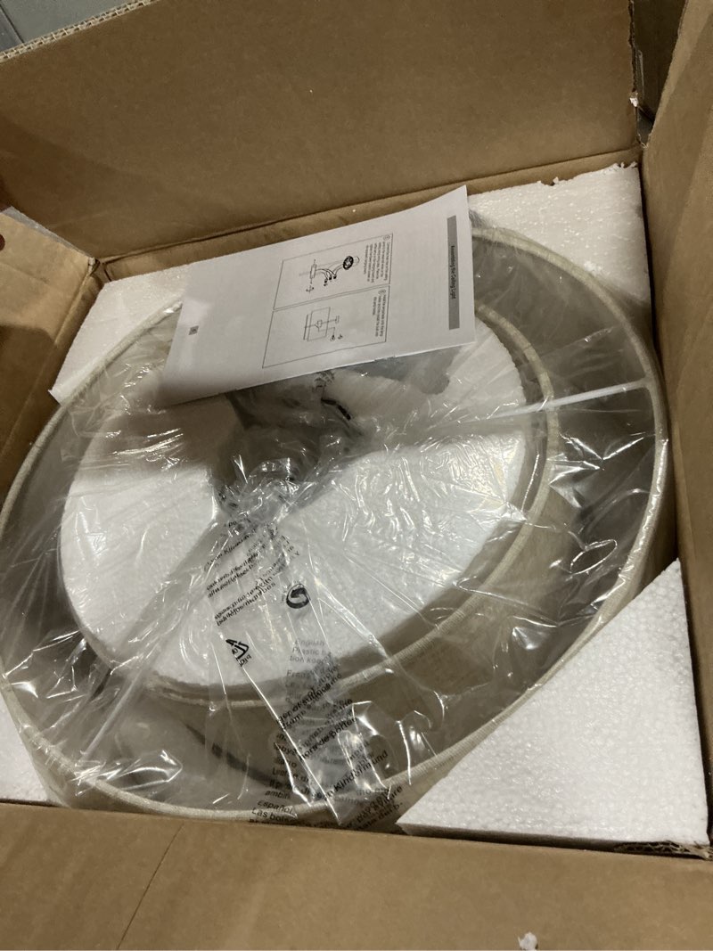 Condition photo showing Good Condition for 16" Semi Flush Mount Ceiling Light, 3-Light Drum Ceiling Light Fixture with 2-Tier Fabric Linen Shade, Farmhouse Chandelier for Dining Room, Living Room, Bedroom, Kitchen, Hallway, Entryway