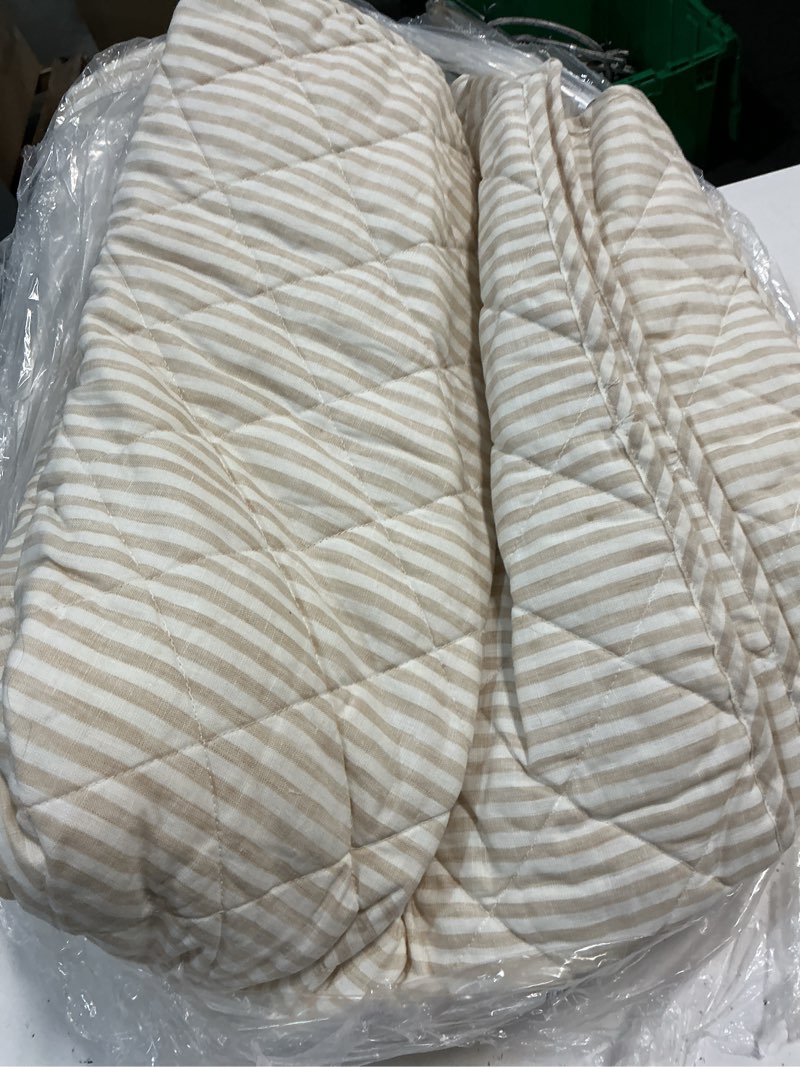 Condition photo showing As Is for quince european linen stripe quilt, full/queen, natural/white stripe