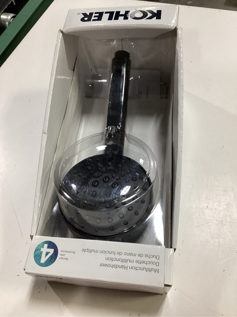 Condition photo showing As Is for kohler premise 3-settings matte black 4.31-in round handheld shower head 1.75 gpm