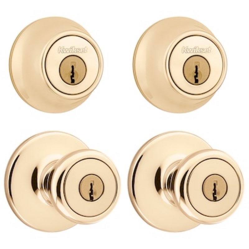 Kwikset Tylo Polished Brass Exterior Single-Cylinder Deadbolt and Keyed Entry Door Knob 2 