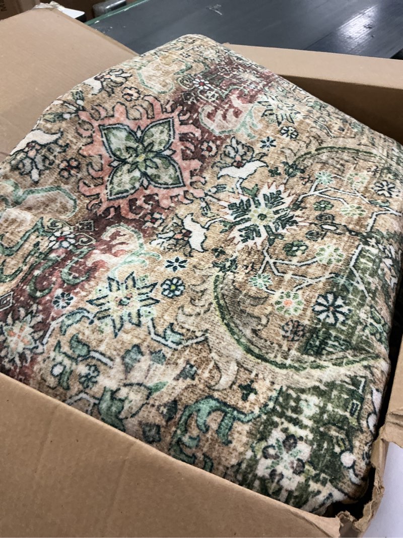 Condition photo showing Good Condition for Hauteloom Kemer Machine Washable Area Rug for Living Room, Vintage Distressed Faded - Oriental Bohemian Medallion Carpet - Pet Friendly - Blue, Light Blue, Yellow, Brown - 6'7" x 9'