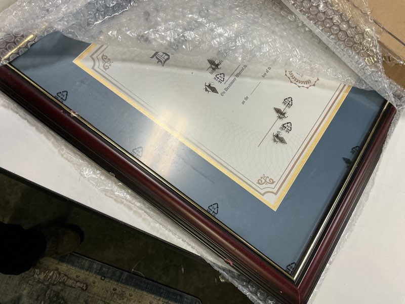 Condition photo showing As Is for GraduationMall 11x14 Diploma Frame with Navy over Gold Mat or Display 15x18 Certificate without Mat,Solid Wood & Tempered Glass,Cherry Finish with Gold Trim Cherry With Gold Trim / Blue Gold Mat 15x18 or 11x14 with Mat