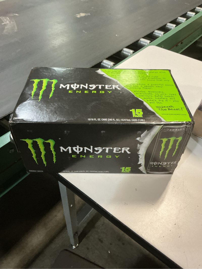 Condition photo showing New/Like New for ((unknown best by date))monster energy drink, green, original, 16 ounce (pack of 15)