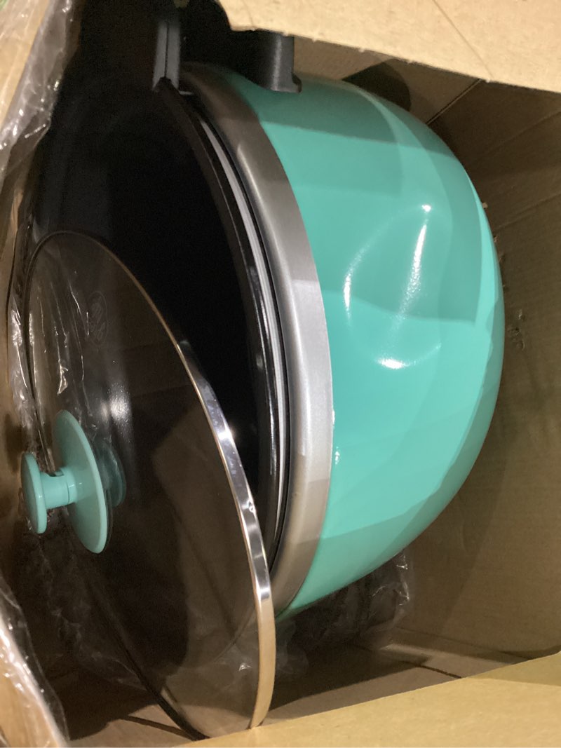 Condition photo showing As Is for greenlife 6qt ceramic slow cooker, pfas-free, programmable, removable healthy nonstick pot for family meals, sear on stovetop, keep warm, digital timer, dishwasher safe crock, turquoise 6 quarts turquoise