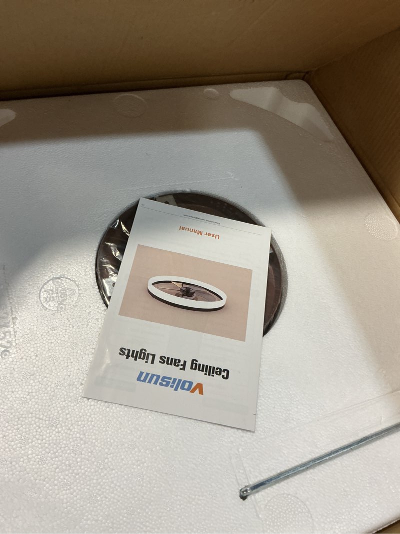 Condition photo showing New/Like New for VOLISUN Low Profile Ceiling Fans with Lights and Remote, Fandelier Ceiling Fan Flush Mount, 3000K-6500K Smart Bladeless LED Fan Light, Black Modern Ceiling Fans with Lights for Bedroom Black 19.7 INCH