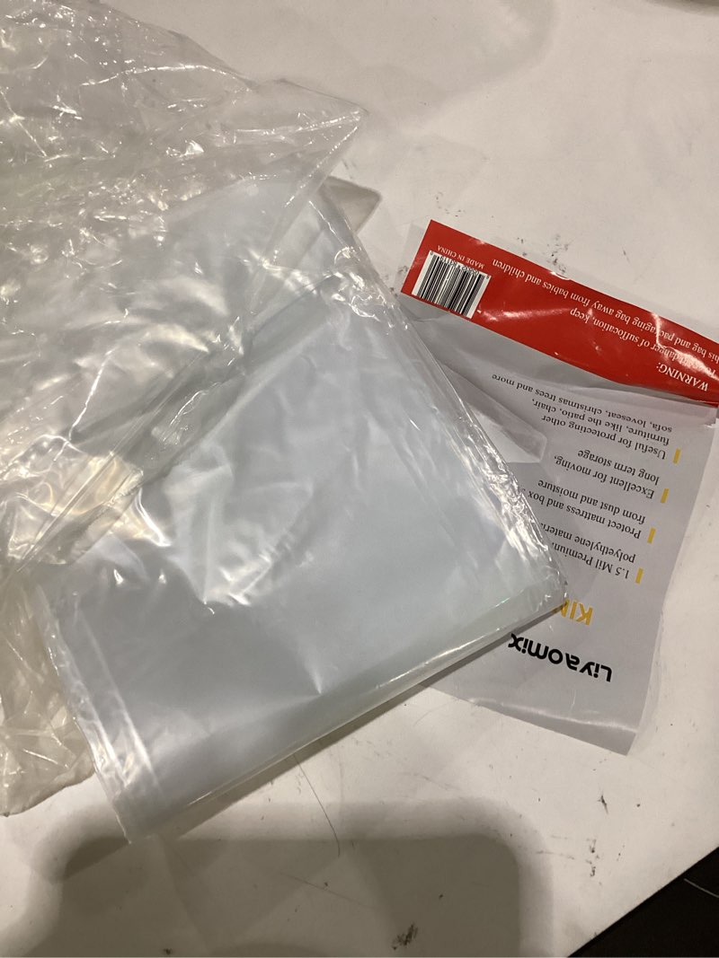Condition photo showing As Is for liyaomix 2 pack king/cal king mattress bags for moving and storage, 1.5 mil 94" x 96" clear plastic mattress disposal bags covers
