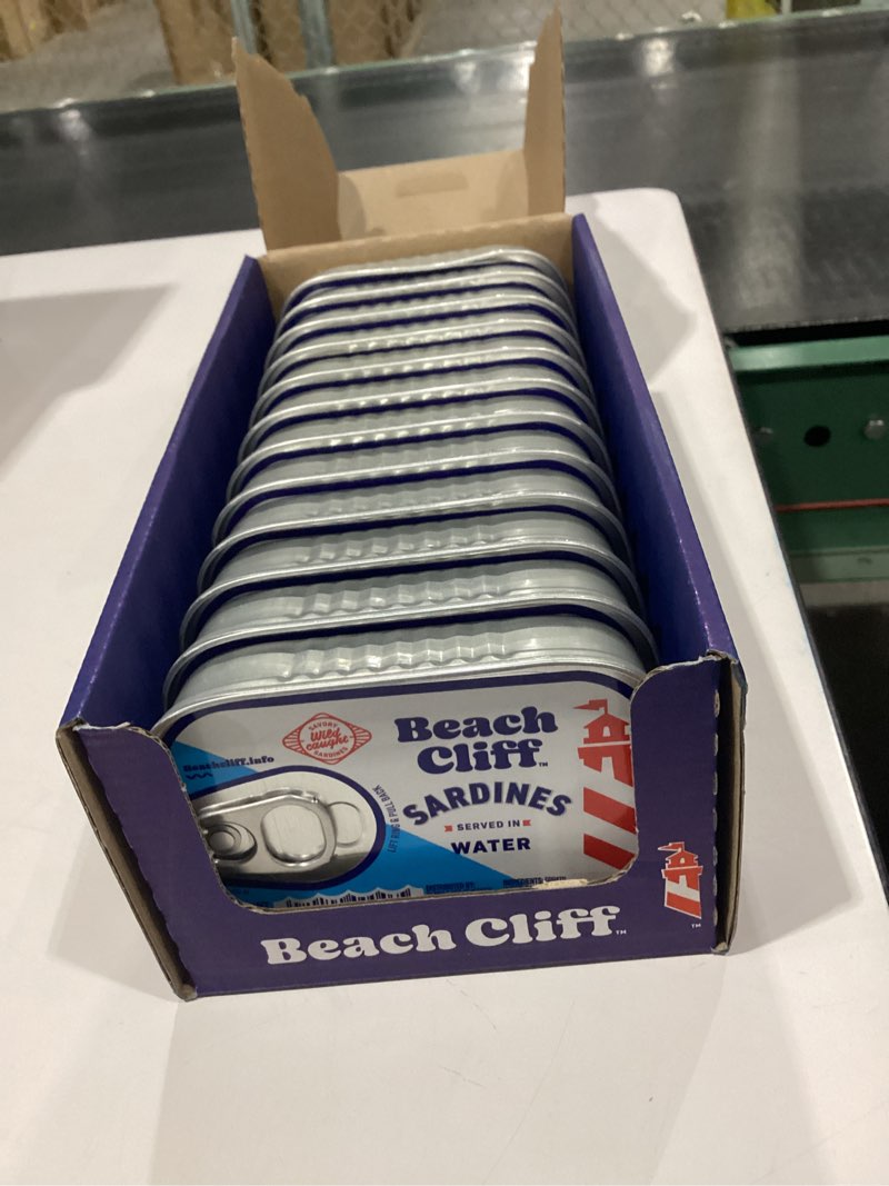 Condition photo showing New/Like New for Beach Cliff Sardines in Water, 3.75 oz Can (Pack of 12) - Wild Caught Sardines - 12g Protein per Serving - Gluten Free, Keto Friendly BST BY MARCH 2028