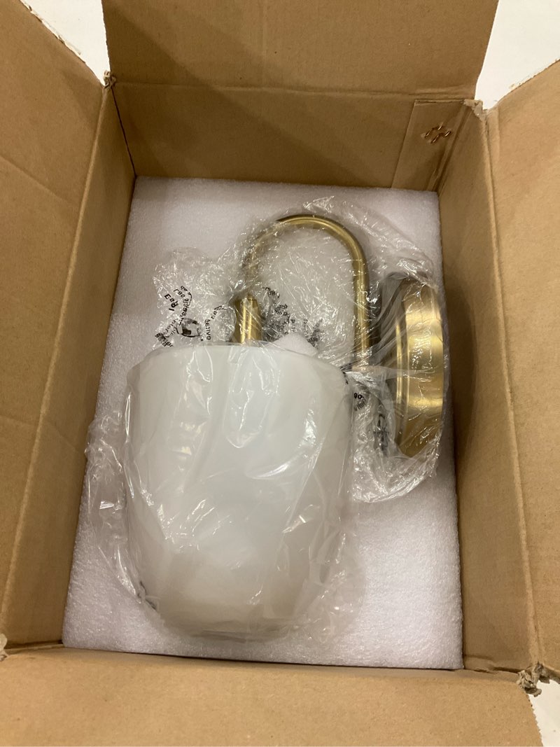 Condition photo showing New/Like New for Gold Vintage Traditional 1-Light Indoor Wall Sconce with Frosted Glass Bathroom Bedroom Hallway, 10.6" H x 5.3" W, Aged Brass Aged Brass 1-Light