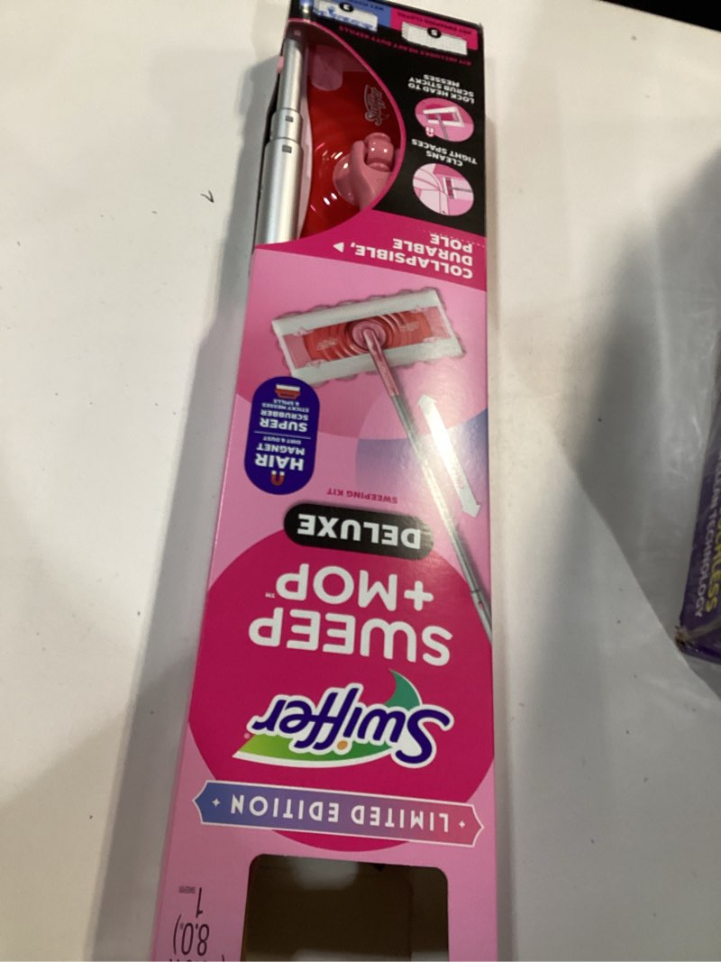 Condition photo showing New/Like New for Swiffer Sweep and Mop Deluxe, Limited Edition Pink Wicked: for Good, 2-in-1 Floor Mopping and Sweeping Kit, 1 Sweeper Device, 5 Heavy Duty Dry Sweeping Cloths, 3 Heavy Duty Wet Mopping Cloths Wicked Pink Deluxe Starter Kit