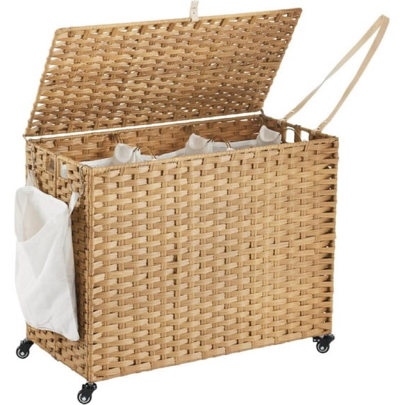 laundry hamper with wheels, 52.8 gallon(200l) water hyacinth laundry basket with lid, 3-section wick