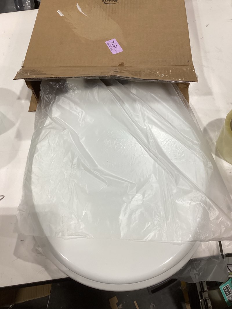 Condition photo showing As Is for Mayfair Cassel Slow Close Toilet Seat, Easy Clean, Non Slip Premium Wood Seat, Easy Install, Made in USA, Round, White Round 1 - Toilet Seat