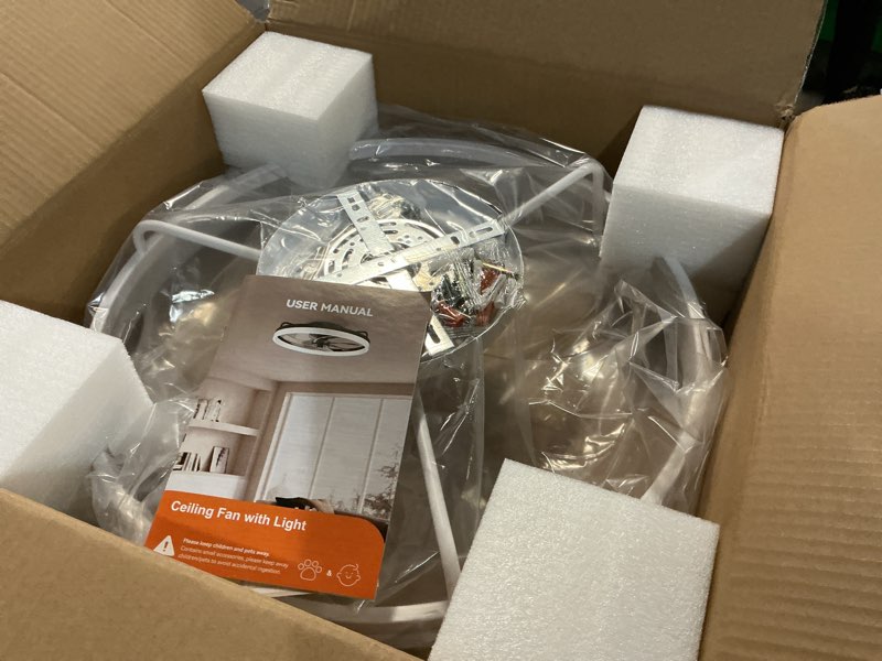 Condition photo showing Good Condition for 20'' ceiling fans with lights and remote, low profile flush mount upgrade 7-blade ceiling fan with light, 3000k-6500k dimmable modern fandelier ceiling fans for bedroom, white