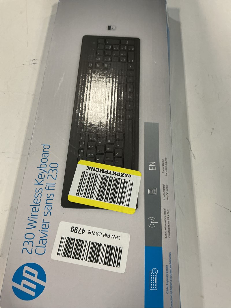 Condition photo showing New/Like New for hp 230 wireless keyboard - wireless connection - low-profile, quiet design - windows & mac os - laptop, pc compatible - shortcut keys & number pad - long battery life (?3l1e7aa#aba),black