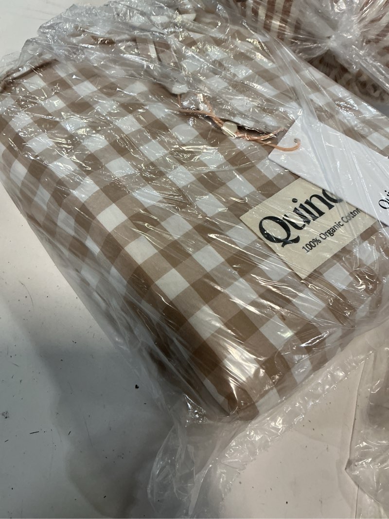 Condition photo showing New/Like New for organic crisp percale gingham sheet set, king, cafe