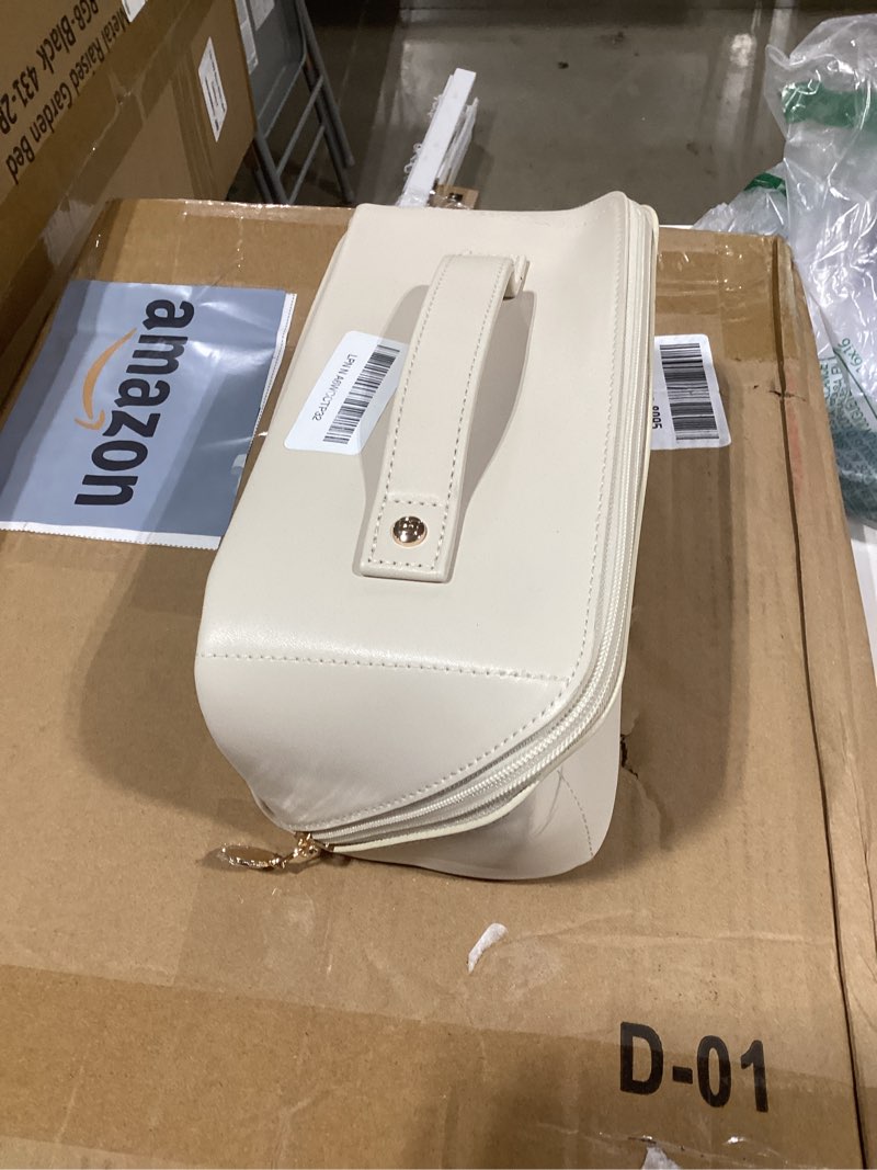 Condition photo showing Good Condition for eachy travel makeup bag, large capacity cosmetic bag for women, waterproof pu leather, flat open portable toiletry bag for skincare, brushes & travel essentials medium ab-beige