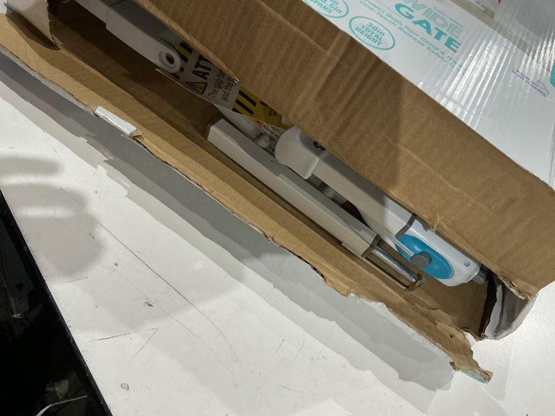 Condition photo showing Good Condition for regalo safety 29-38.5" baby gate for doorways & bottom of stairs, pressure mounted baby gate with door for babies, toddlers & pets, tested & safe for 30 years, american designed, american owned, white white 29-38.5"w x 30"h