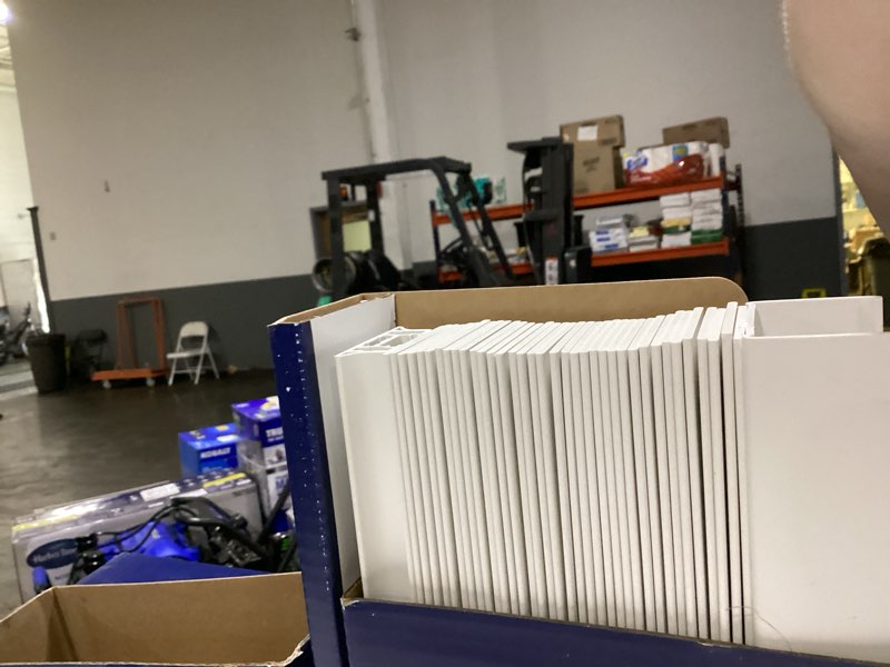Condition photo showing As Is for levolor trim+go 2-in slat width 52-in x 64-in cordless white faux wood room darkening horizontal blinds