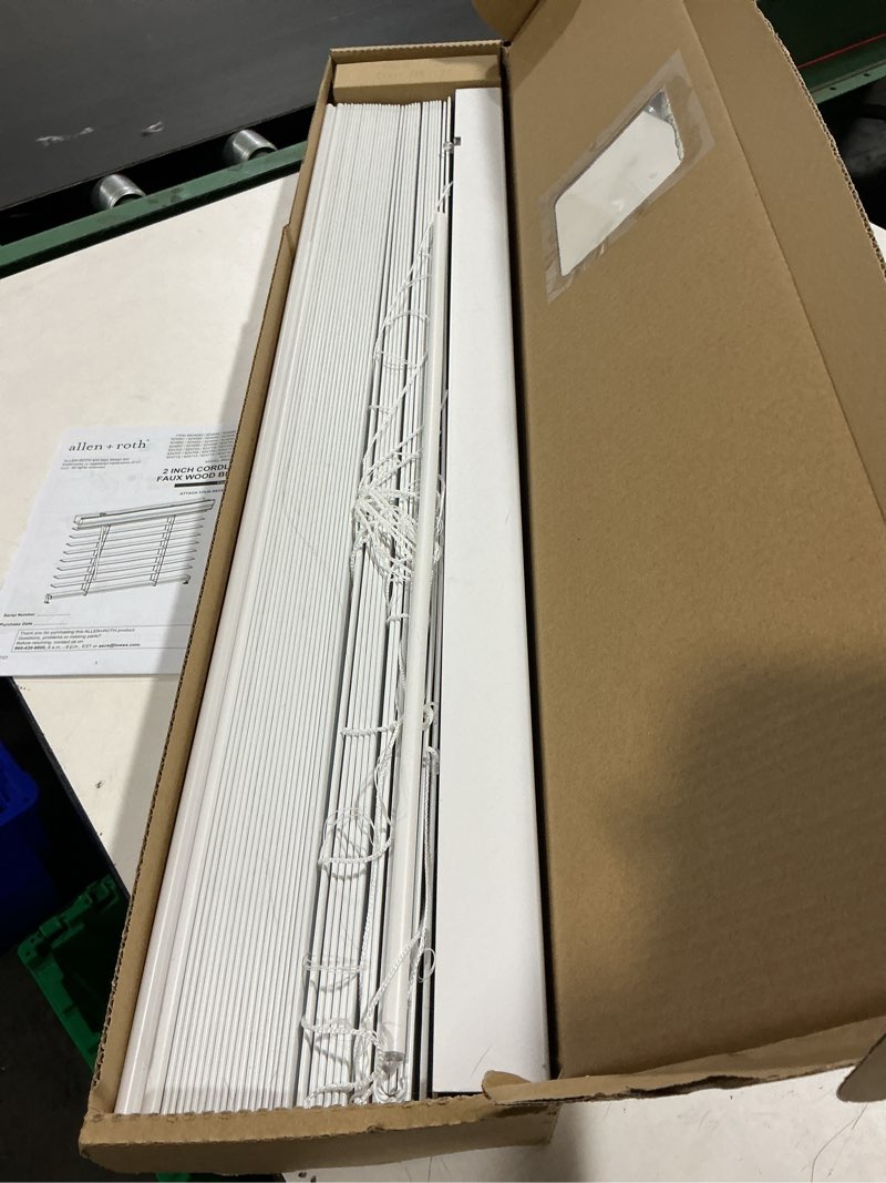 Condition photo showing As Is for allen + roth trim at home 2-in slat width 33-in x 64-in cordless white faux wood room darkening horizontal blinds