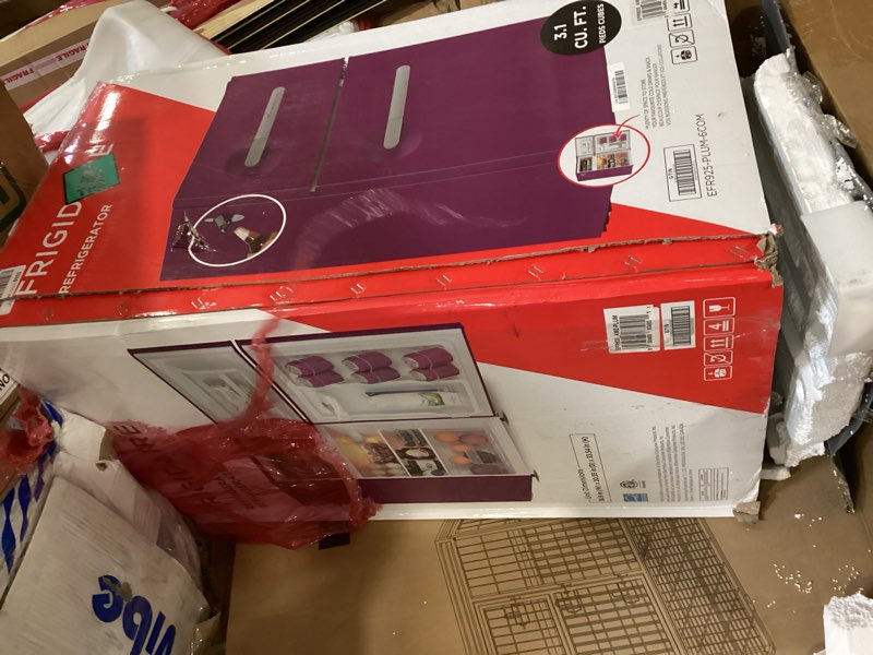 Condition photo showing As Is for frigidaire, 3.1 cu. ft. 2 door retro series compact refrigerator, built-in side bottle opener, purple