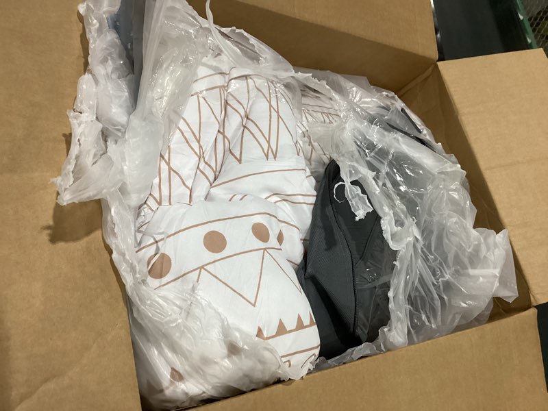 Condition photo showing As Is for WONGS BEDDING Boho Comforter Set Queen,7 Piece Khaki Stripe Reversible Bedding Set for All Seasons Bed in a Bag Lightweight Complete Comforter with Sheets, Pillowcases & Shams Queen 90“×90” Khaki