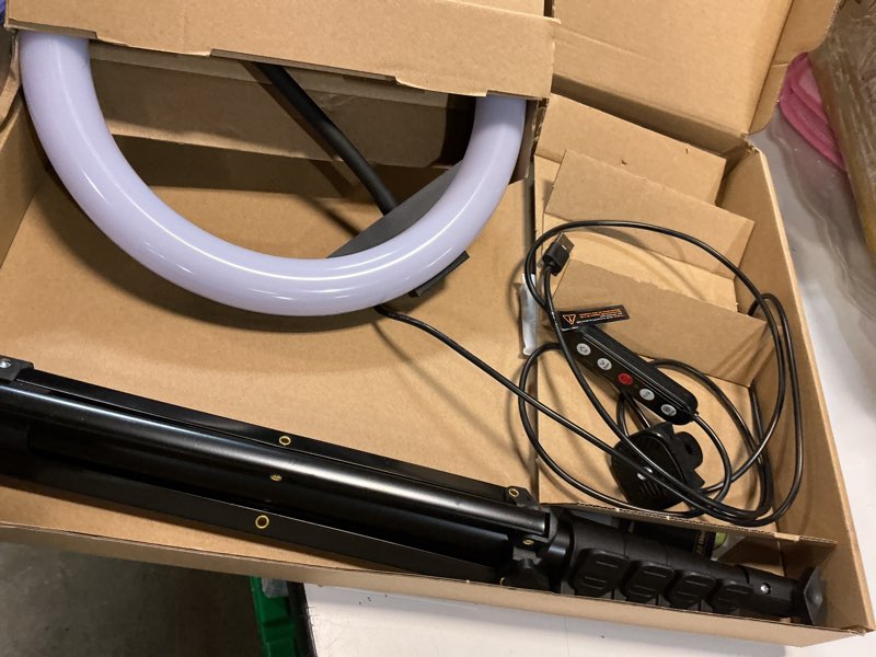 Condition photo showing As Is for weilisi 10" ring light with stand 72'' tall & phone holder,38 color modes selfie light with tripod stand,stepless dimmable/speed led ring light for iphone & android,youtube, makeup,tik tok rgb colors