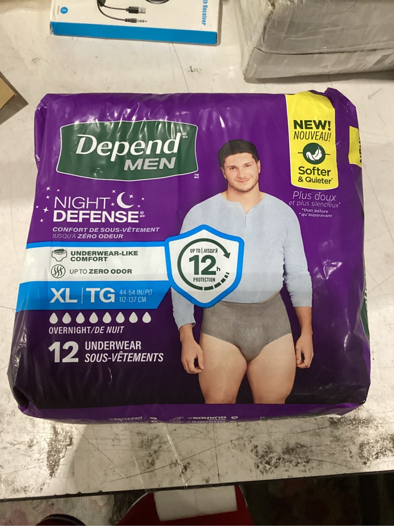 Condition photo showing New/Like New for depend night defense adult diapers, incontinence underwear for men, disposable, overnight, extra-large, grey, 12 count, packaging may vary x-large 12