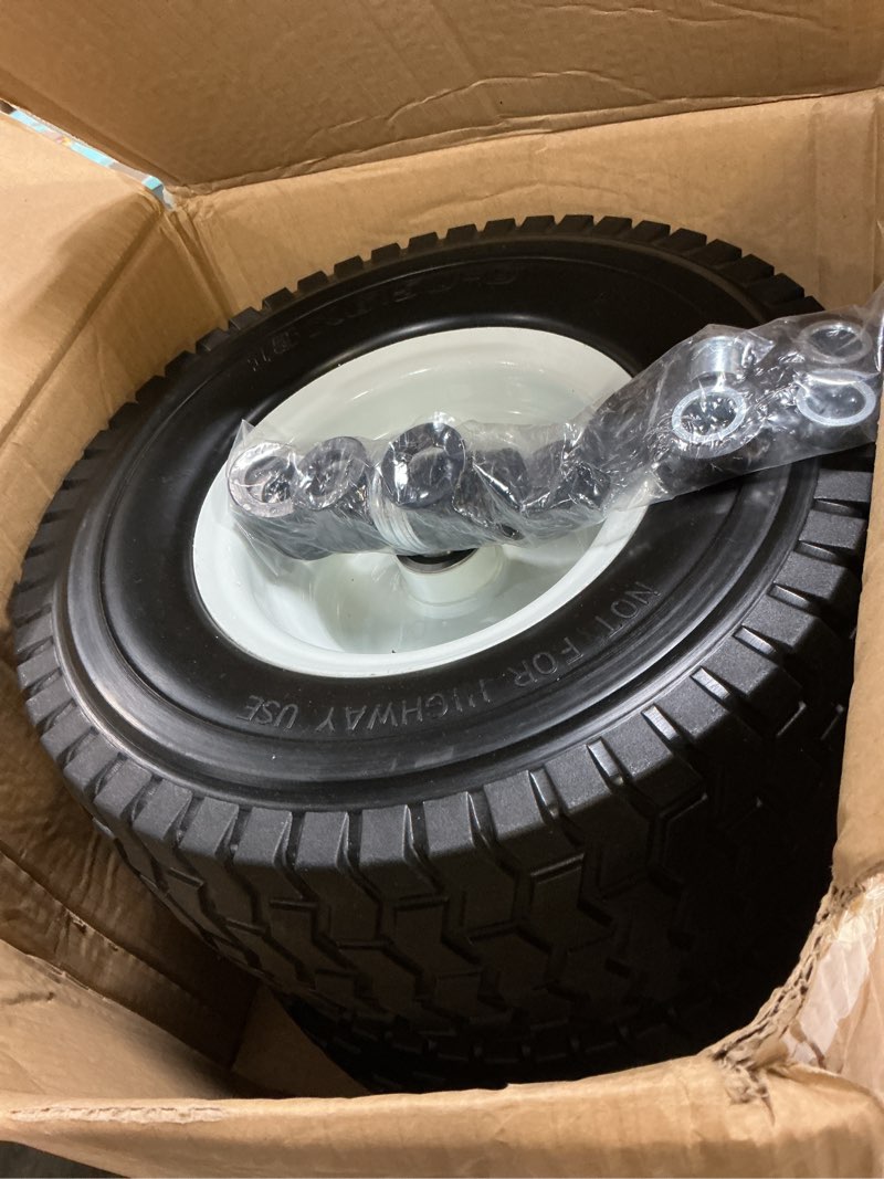 Condition photo showing Good Condition for gicool 13x6.50-6 tire and wheel, 13x6.5-6" flat-free lawn mower tires, 3”-6.5“ centered hub, 3/4" or 5/8" bearing, universal fit garden tractor front wheels, 4 ply, v-turf pattern, 2 pack 13x6.50-6 flat free (turf tread)