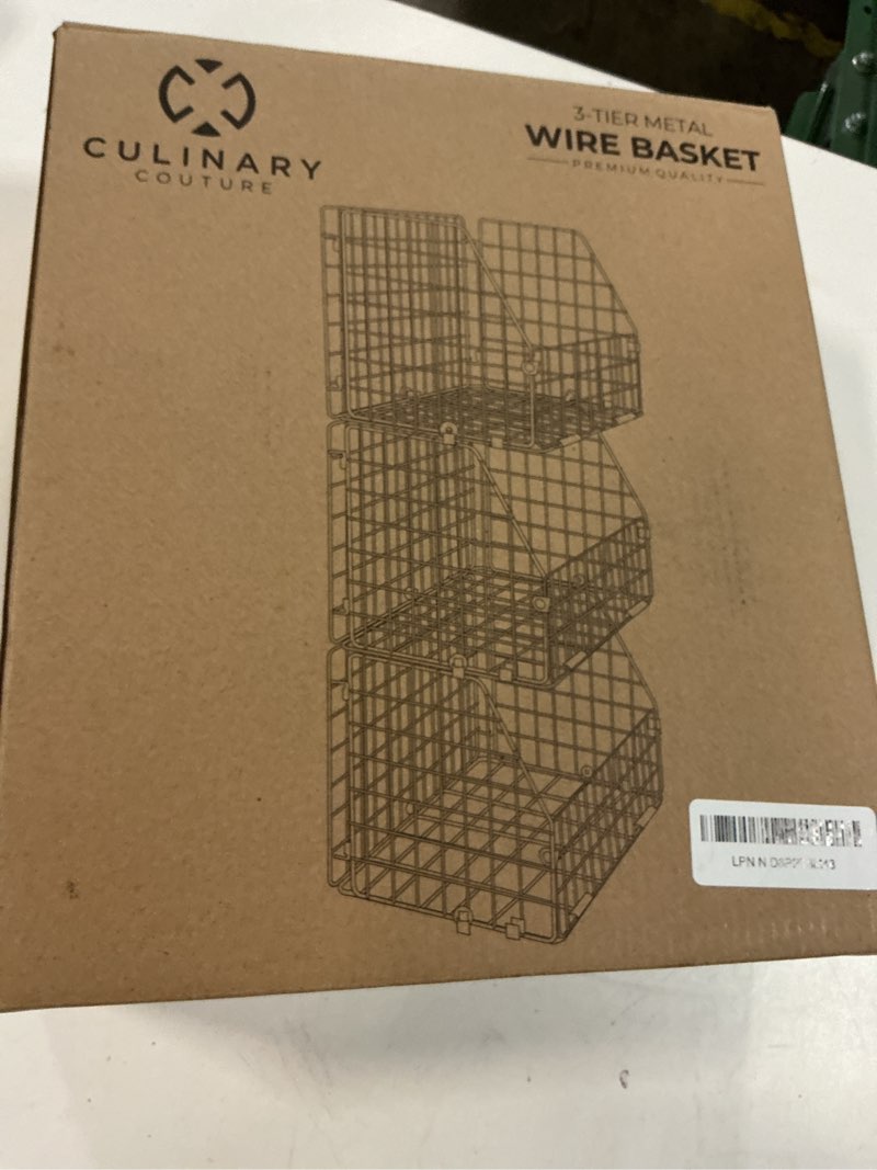 Condition photo showing New/Like New for culinary couture 3-tier wire hanging basket for organizing, heavy-duty hanging wall baskets for storage with adjustable chalkboards & s-hooks, minimalist hanging fruit basket for kitchen, black