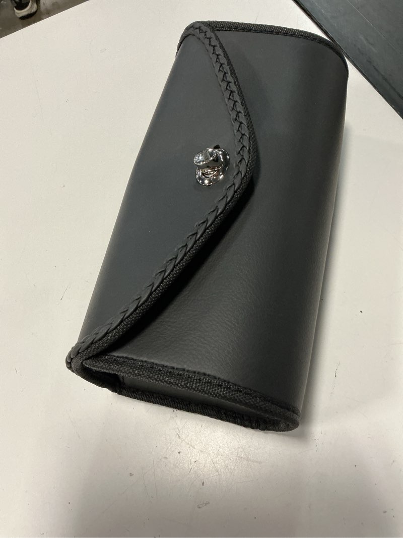 Condition photo showing Good Condition for gargoyle bells motorcycle windshield bags with braid motorcycle handle bar bags storage tool bags for motorcycles and power (black leather, 10" x 3" x 5")